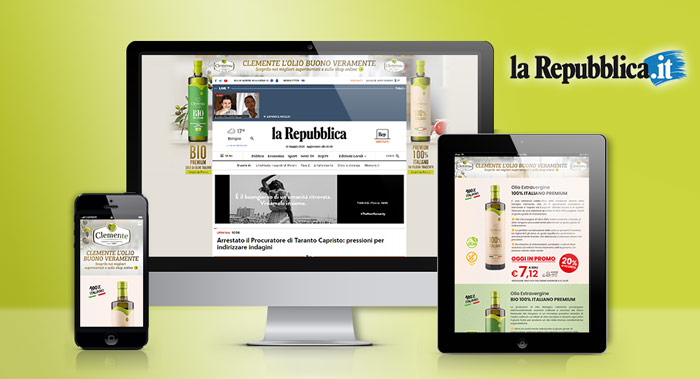 Dal 18 Maggio Olio Clemente è online sul portale Repubblica.it con una skin tutta personalizzata delle referenze Premium 100% ITALIANO & BIOLOGICO